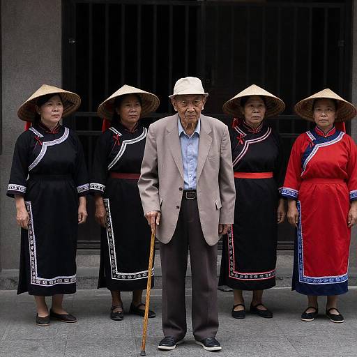 Elderly Man with Women in Conical Hats