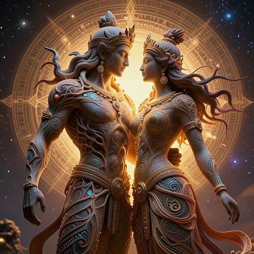 Digital artwork of two statuesque goddesses with intricate armor, flowing hair, and ornate jewelry, facing each other, radiant light behind. Cosmic,