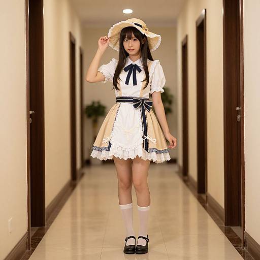 Photograph of an Asian woman in a white, frilled, Victorian-style dress with black trim, white knee socks, and black Mary Jane shoes,