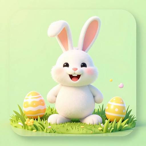 Cute Easter Bunny with Eggs on Meadow