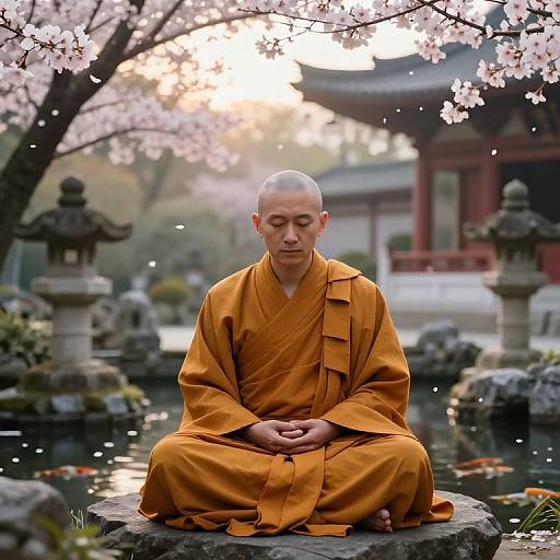 Photograph of a calm, bald Buddhist monk in orange robes, sitting cross-legged on a stone in a serene Japanese garden with cherry blossoms, lantern
