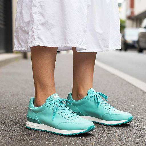 Photograph of a person's legs wearing light turquoise leather sneakers with white soles, standing on a gray asphalt sidewalk. They are wearing a white,