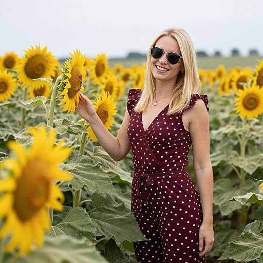 Photograph of a smiling blonde woman in a red polka dot dress, wearing sunglasses, holding a sunflower in a vast sunflower field. Bright