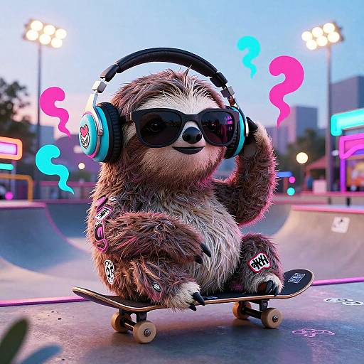 Cute digital illustration of a furry brown sloth skateboarding, wearing black sunglasses, and blue headphones, in a colorful, neon-lit skatepark