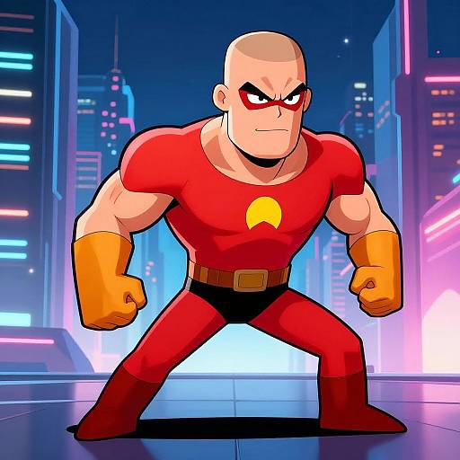 Cartoon-style drawing of a muscular, bald superhero in a red suit with yellow emblem, orange gloves, and black briefs, standing in a neon