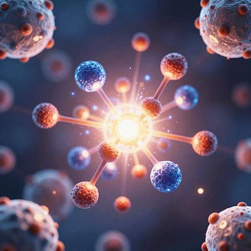 Digital CGI image of a molecular structure with glowing blue and red spheres radiating from a bright, white central light against a dark blue background.