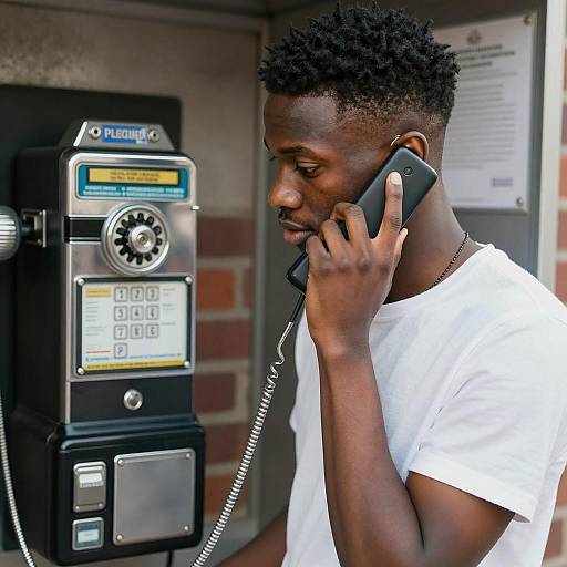 Young Man at Payphone with Focused Expression