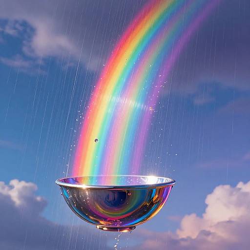 Photograph of a reflective silver bowl suspended in the air, with a vibrant rainbow arching over it against a blue sky with clouds. Raindrops surround