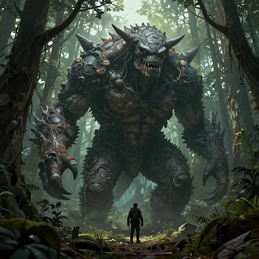 Digital artwork of a small human facing a massive, armored, spiked, three-headed forest monster with glowing red eyes in a misty jungle.