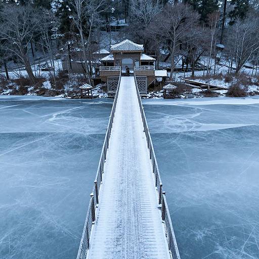 Snow-covered wooden pier extends into a frozen lake, leading to a traditional Japanese-style building surrounded by leafless trees. Photograph.