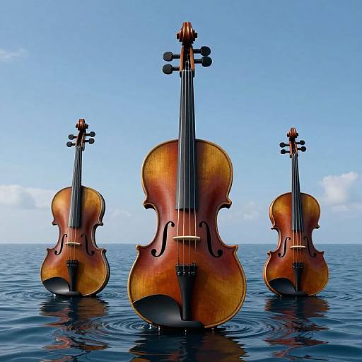Photograph of three wooden violins standing in calm blue ocean water, with clear sky and minimal clouds in background.