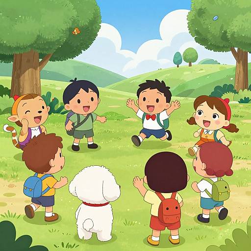 Colorful cartoon of six children and a white dog playing in a sunny, green park with trees and blue sky.
