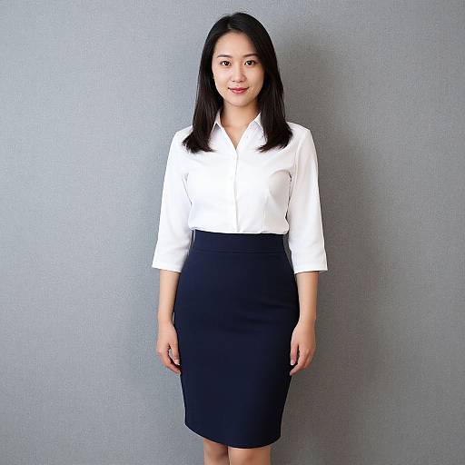 Photograph of an Asian woman with straight black hair, wearing a white blouse and black knee-length skirt, standing against a gray textured wall, smiling slightly
