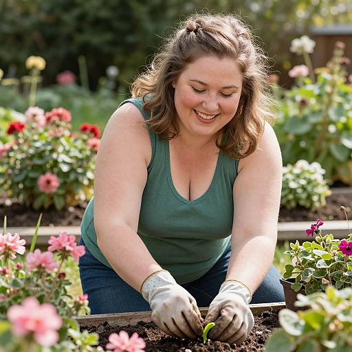 Photograph of a smiling, fair-skinned woman with brown hair, wearing a green tank top, gloves, and jeans, planting flowers in a vibrant