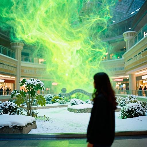 Photograph of a mall's atrium with a vibrant green, smoke-like light above a snow-covered indoor garden; a silhouetted person stands