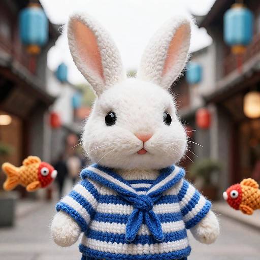 Hyper-Realistic Woolen Rabbit in Chinatown