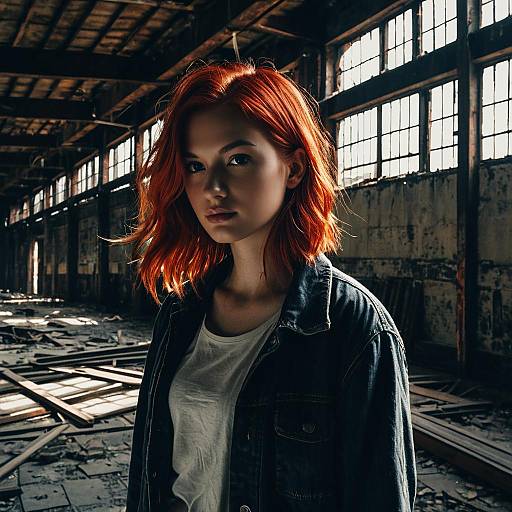 Young Woman with Fiery Red Hair in Abandoned Warehouse