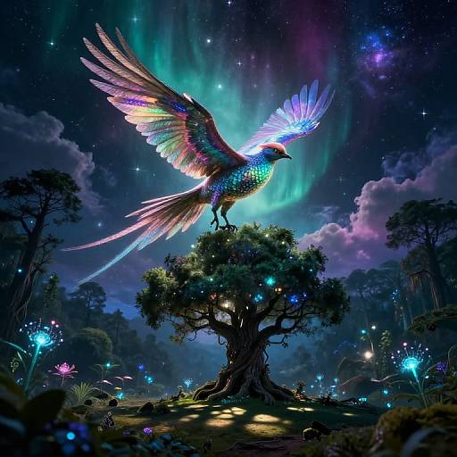 Digital fantasy artwork of a vibrant, rainbow-feathered phoenix with glowing wings perched on a mystical tree under a starry, aurora-lit