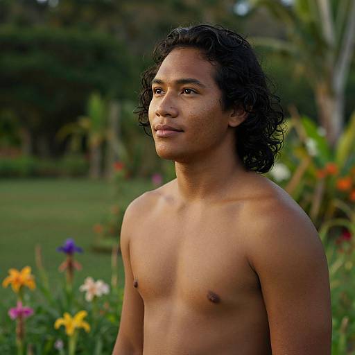 Photograph of a young, shirtless, dark-haired, tan-skinned man with a serious expression, standing in a colorful, blooming garden.