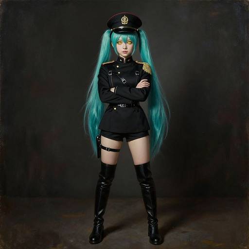 Photograph of a cosplayer with long turquoise hair, wearing a black military-style uniform, thigh-high boots, and police hat, standing confidently against a