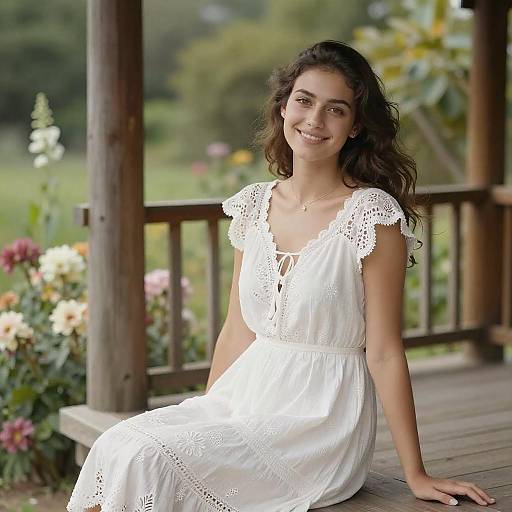 Young Woman in White Sundress on Wooden Veranda