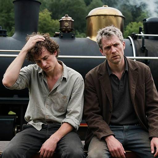 Two Men Resting by a Steam Engine