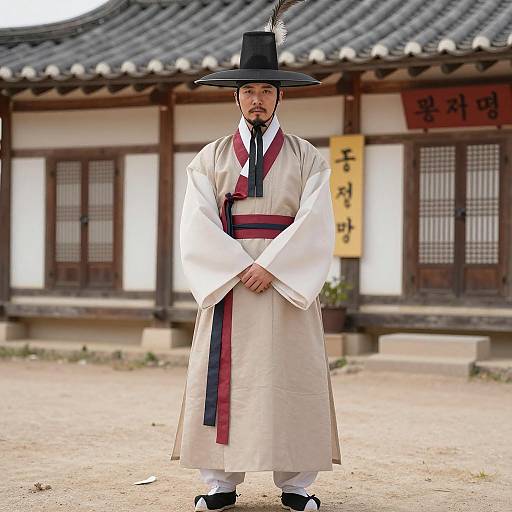 Korean Man in Traditional Hanbok with Hat