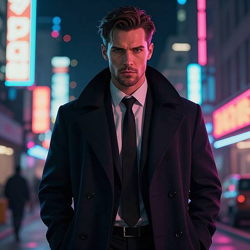 Photograph of a brooding, handsome man with dark hair, mustache, and intense gaze, wearing a black coat and tie, standing in a