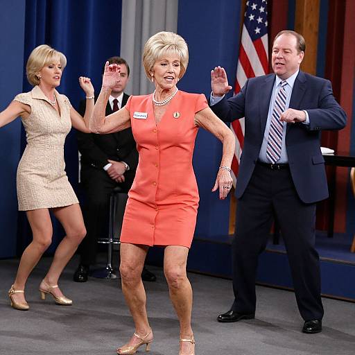 Photograph of a stage event featuring a mature white woman in a bright orange dress, waving, flanked by a blonde woman in a beige dress and