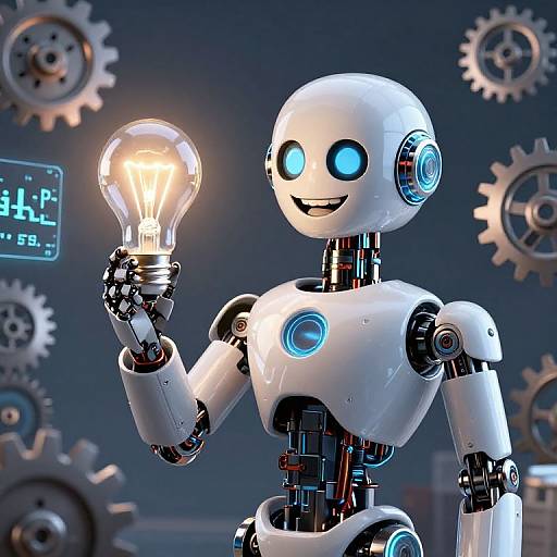 CGI image of a glowing blue-eyed, white robotic humanoid holding a lit light bulb, with gears and a digital clock in the background.