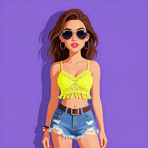 Digital illustration of a young woman with long brown hair, wearing a yellow lace crop top, blue frayed shorts, sunglasses, and hoop earrings, against
