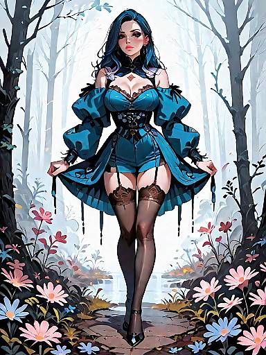 Dark Fantasy Girl in Blue Dress in Mystical Forest