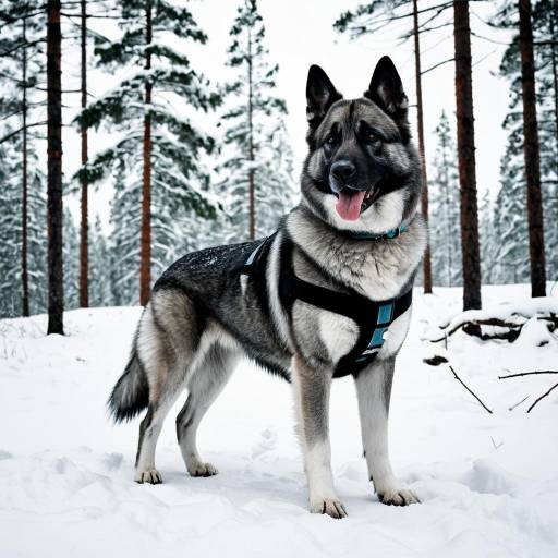 Norwegian Elkhound in Snowy Pine Forest