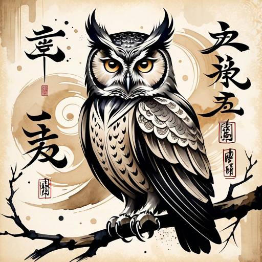 Majestic Ink Wash Owl with Calligraphy