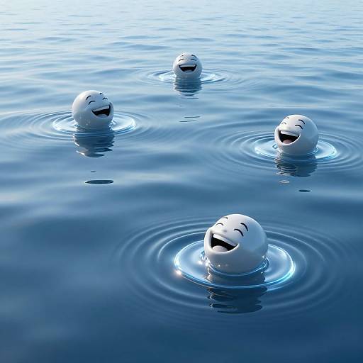 Digital artwork of three white, smiling face emojis floating on calm, blue water, each with ripples around them, conveying a playful, serene mood.