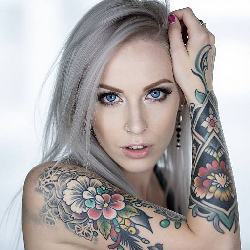 Photograph of a pale-skinned, blue-eyed woman with long silver hair, revealing colorful floral tattoos on her right arm and shoulder, against a white