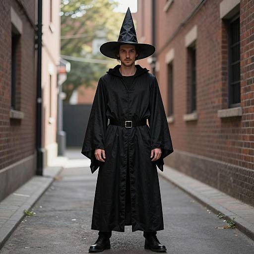 Man in Black Witch Costume Standing in Alley