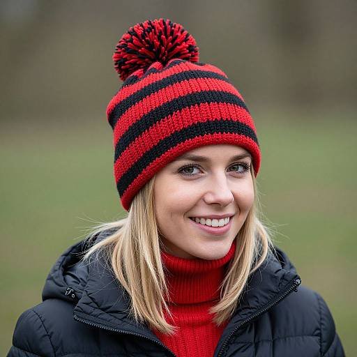 Photograph of a smiling blonde woman wearing a red and black striped knit hat with a pom-pom, black puffer jacket, and red turt