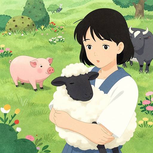 Digital anime-style drawing of a black-haired girl in blue dress holding a black sheep, surrounded by a green grassy field with a pink pig, black