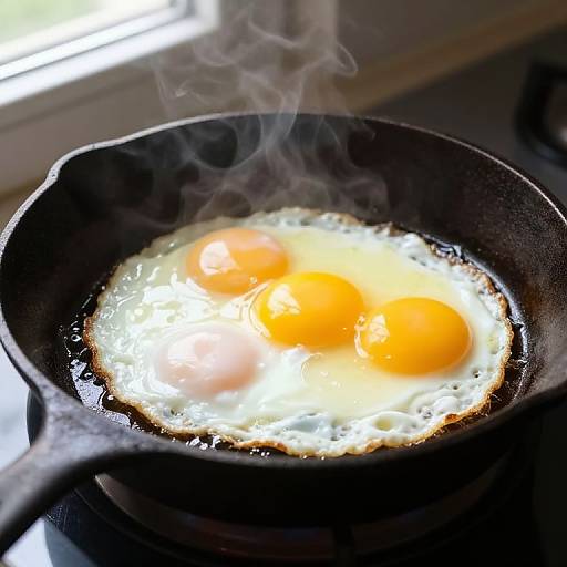 Photograph of two sunny-side-up eggs with bright yellow yolks, steam rising, in a black cast iron skillet on a stovetop.