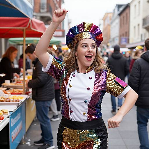 Festive Chef Dancing at Food Market