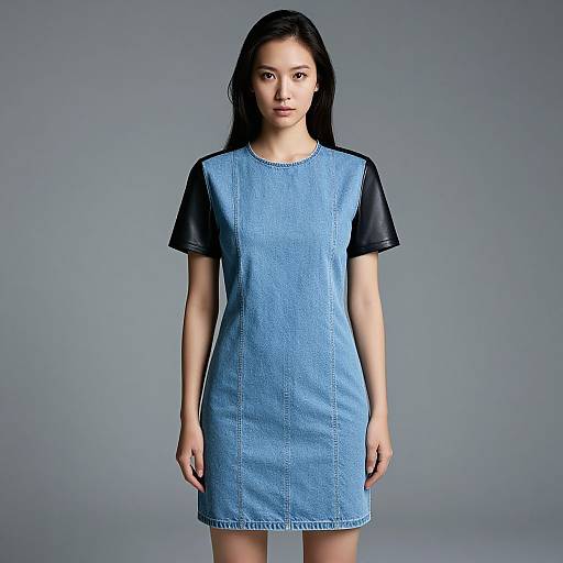 Photograph of an Asian woman with straight black hair, wearing a blue denim dress with black short sleeves, standing against a gray background.
