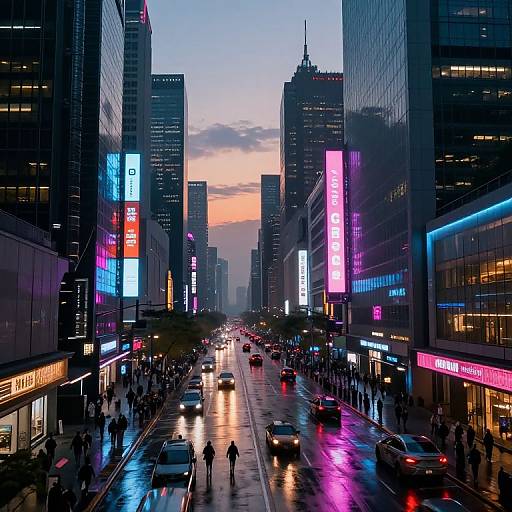 Photograph of a bustling city street at dusk, neon lights reflecting on wet pavement, tall skyscrapers, crowded pedestrians, and cars.