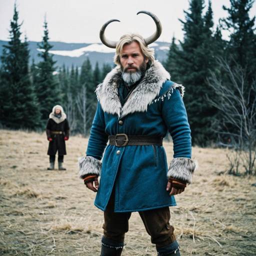 Man in Nordic Viking Costume with Horns Outdoors