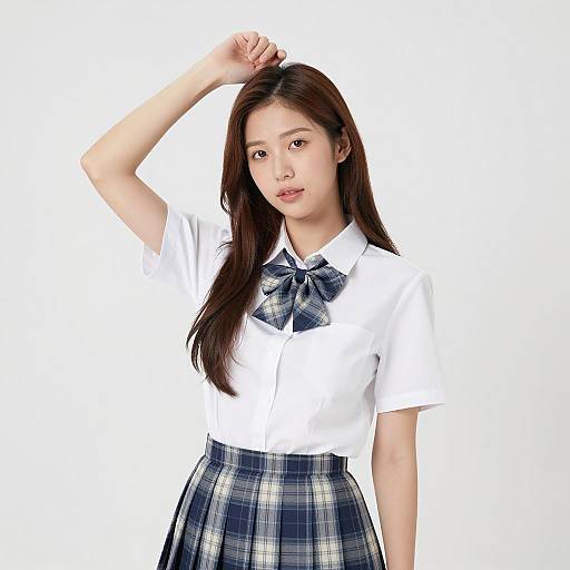 Calm Asian Woman in Plaid Outfit