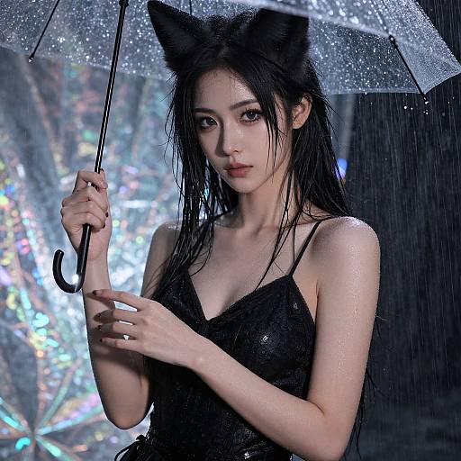 Photograph of a slender Asian woman with long black hair, cat ears, and wet black dress, holding a sparkling silver umbrella in a rainy, glowing