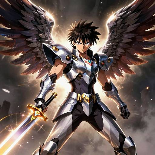 Anime-style digital illustration of a fierce, black-haired warrior with black wings, silver armor, and a glowing sword, standing boldly against a stormy,