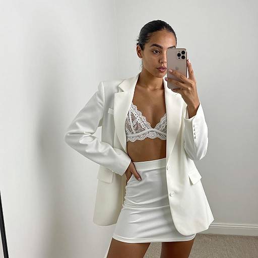 Young Woman Taking Mirror Selfie in White Outfit