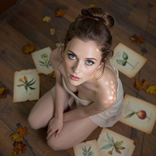 Photograph of a fair-skinned woman with blue eyes, brown hair in a bun, wearing a white dress, kneeling on wooden floor with autumn leaves