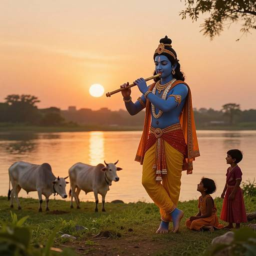 Photograph of blue-skinned Lord Krishna playing flute at sunset, wearing yellow and orange traditional attire, with cows and two children by a river.